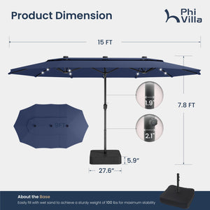 15ft 2 Tier Large Double-Sided Patio Vented Umbrella with Base