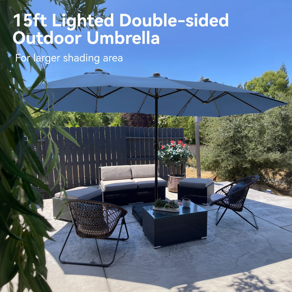 15ft Solar Double-Sided Patio Extra Large Twin Umbrella with Led Lights and Base