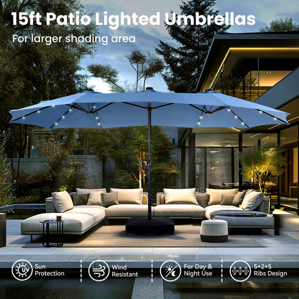 15ft Solar Double-Sided Patio Extra Large Twin Umbrella with Led Lights and Base