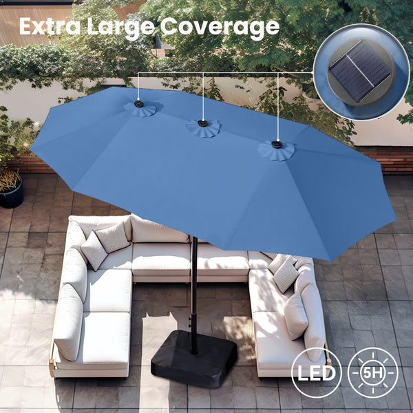 15ft Solar Double-Sided Patio Extra Large Twin Umbrella with Led Lights and Base