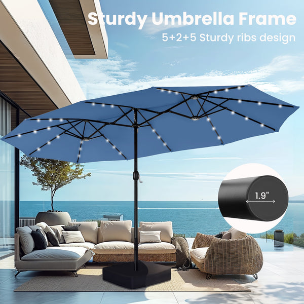 15ft Solar Double-Sided Patio Extra Large Twin Umbrella with Led Lights and Base