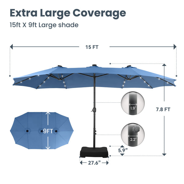 15ft Solar Double-Sided Patio Extra Large Twin Umbrella with Led Lights and Base