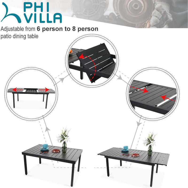 PHI VILLA 15-Piece Set with 7-Seat Steel Conversation Sofa Set and 8-Seat Dining Set and 15ft Double-Sided Twin Umbrella