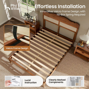 Phi Villa Classic Style Wooden Bed Frame with Rattan Headboard