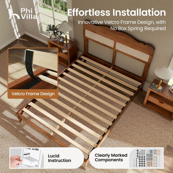 Phi Villa Classic Style Wooden Bed Frame with Rattan Headboard