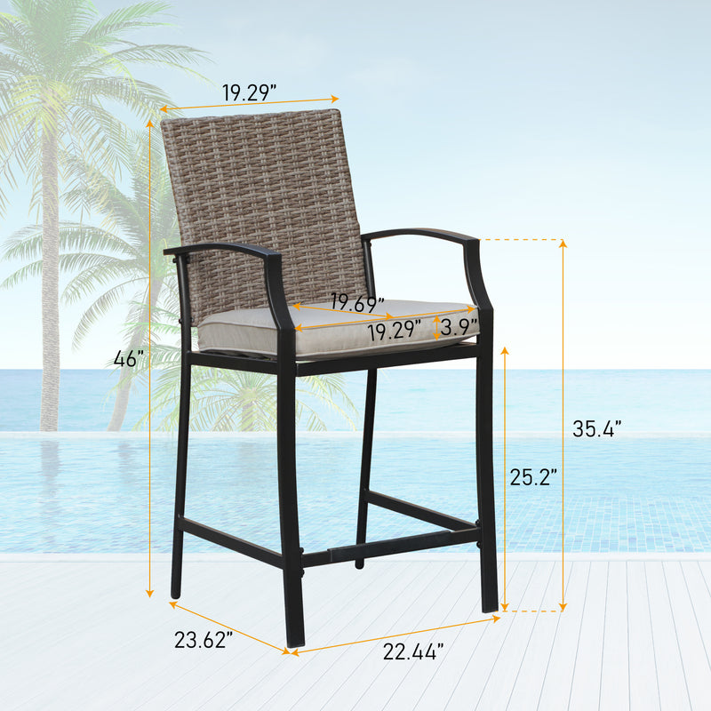 PHI VILLA Outdoor Bar Stool Set Rattan Chair Back Cushioned High Bar stools & Rectangle High Table