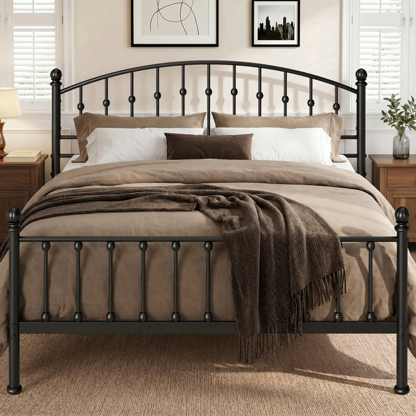 Arched Metal Bed Frame with Unique Bud Finials, High Headboard  & Under-Bed Storage