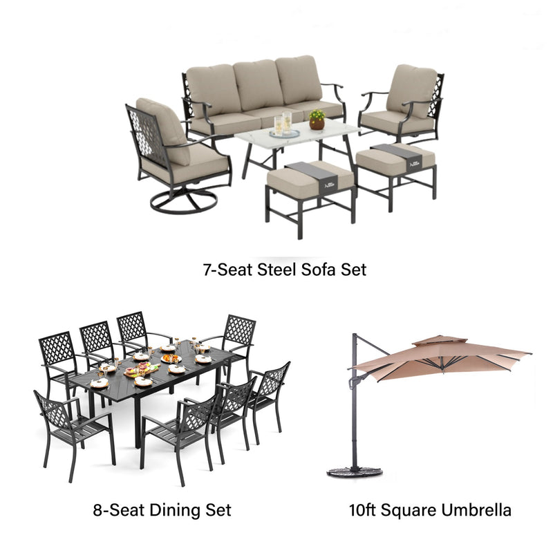 Phi Villa 15-Person Outdoor Patio Furniture Combination Set with Sofa Set, Steel Dining Set, and Square Umbrella