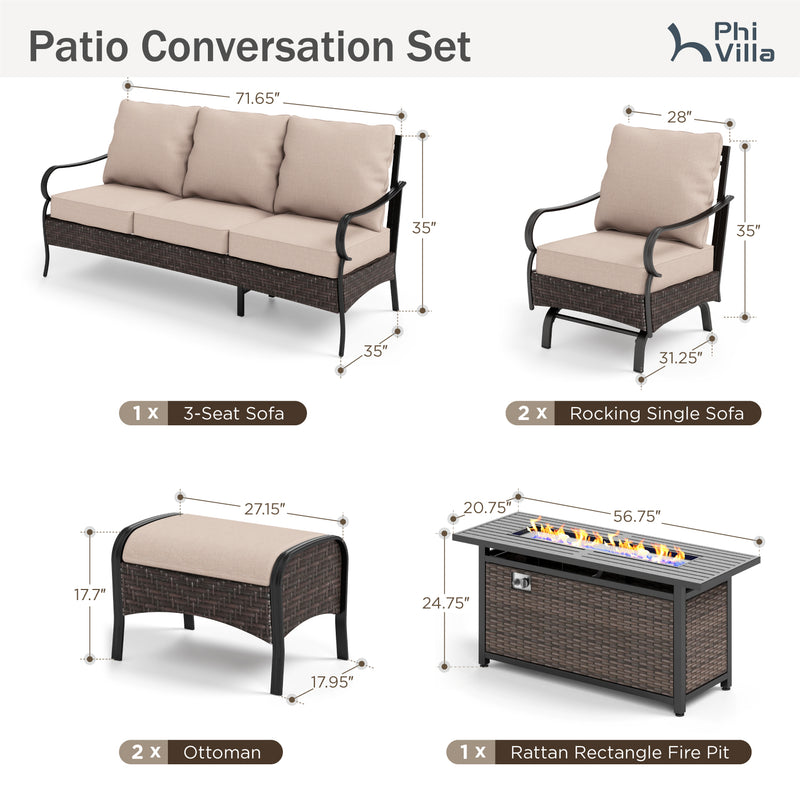 Phi Villa 7-Seater Outdoor Steel & Rattan Sofa Set With Rectangle Fire Pit Table