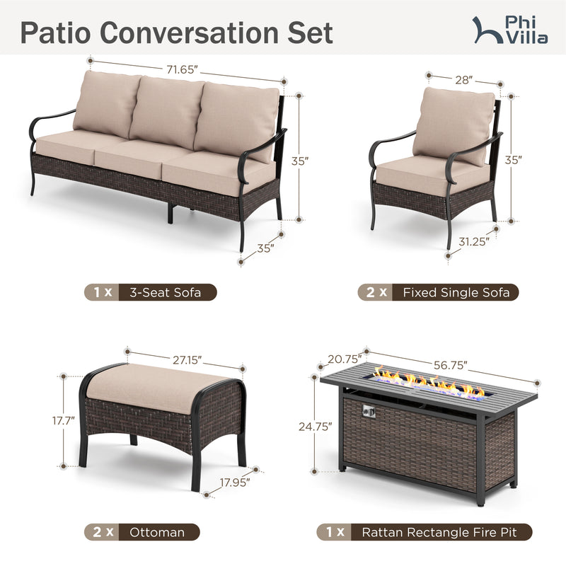 Phi Villa 7-Seater Outdoor Steel & Rattan Sofa Set With Rectangle Fire Pit Table