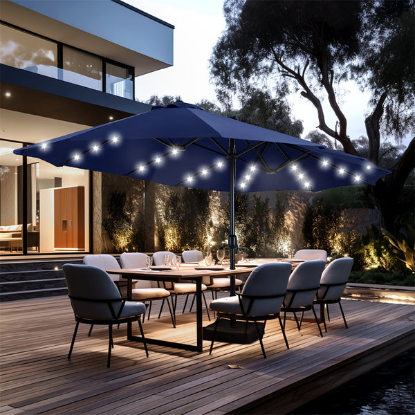 15ft Solar Double-Sided Patio Extra Large Twin Umbrella with Led Lights and Base