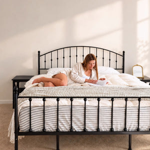 Arched Metal Bed Frame with Unique Bud Finials, High Headboard  & Under-Bed Storage