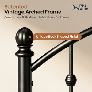 Arched Metal Bed Frame with Unique Bud Finials, High Headboard  & Under-Bed Storage