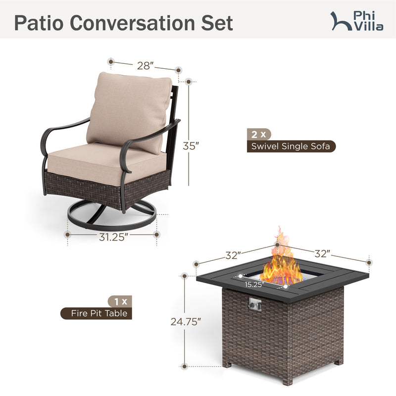 Phi Villa 4-Seater Outdoor Steel & Rattan Conversation Sofa Set With Square Fire Pit Table
