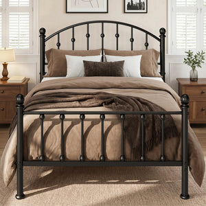 Arched Metal Bed Frame with Unique Bud Finials, High Headboard  & Under-Bed Storage