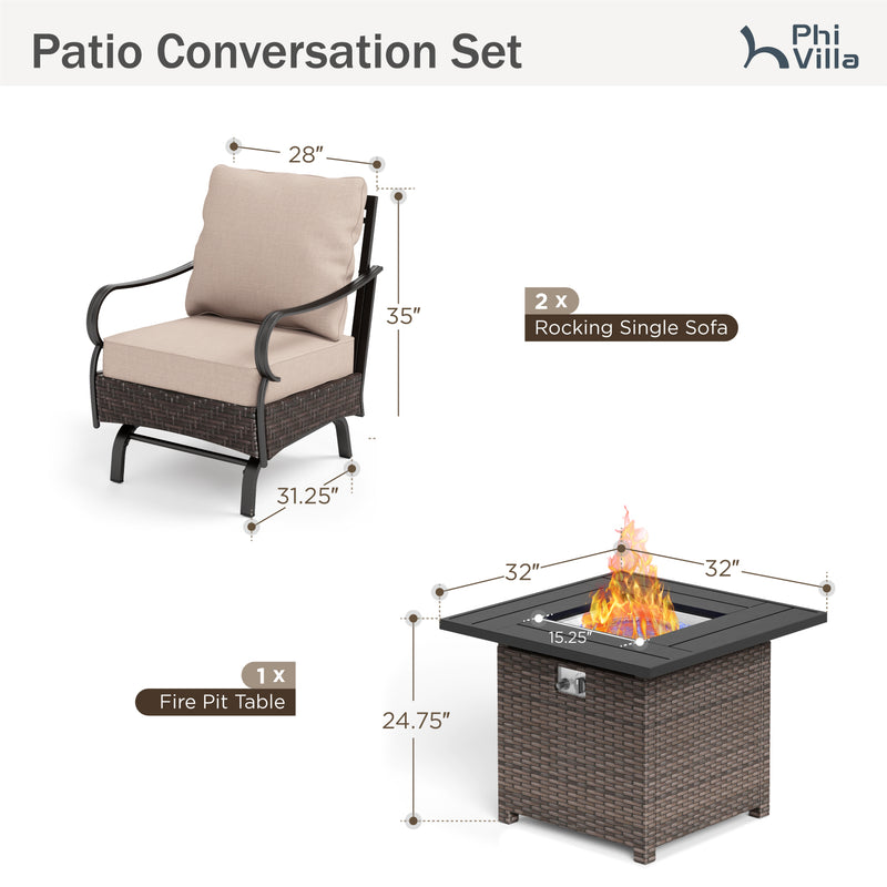 Phi Villa 4-Seater Outdoor Steel & Rattan Conversation Sofa Set With Square Fire Pit Table
