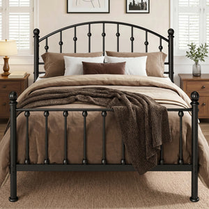 Arched Metal Bed Frame with Unique Bud Finials, High Headboard  & Under-Bed Storage