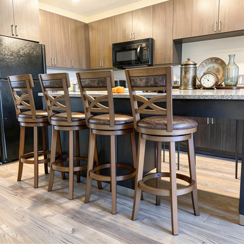 Harrison Rustic Wood Bar Stool with Unique X-Shaped Upholstered Back for Kitchen