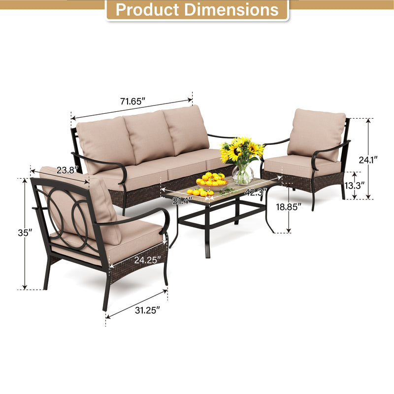 PHI VILLA 12-Piece Set with 6-Seat Dining Set , 5-Seat Steel & Rattan Sofa Set and Wicker & Steel Square Fire Pit Table