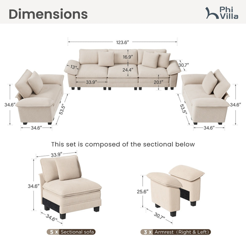 Living Room Sofa Corduroy Cloud-like Couch Modular Sectional Large Set