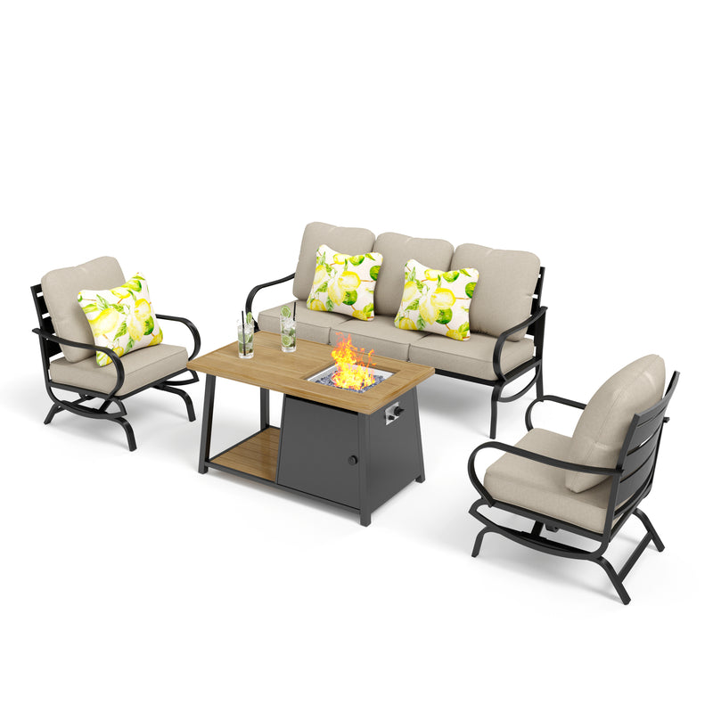 PHI VILLA 5-Seat Patio Steel Conversation Sofa Sets With Wood-pattern Fire Pit Table
