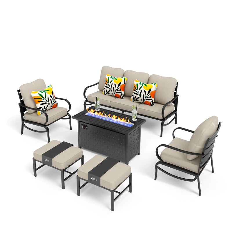 PHI VILLA 7-Seat Patio Steel Conversation Sofa Sets With Leather Grain Fire Pit Table