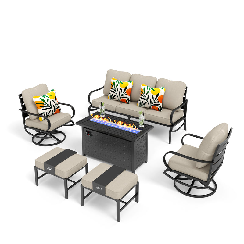 PHI VILLA 7-Seat Patio Steel Conversation Sofa Sets With Leather Grain Fire Pit Table
