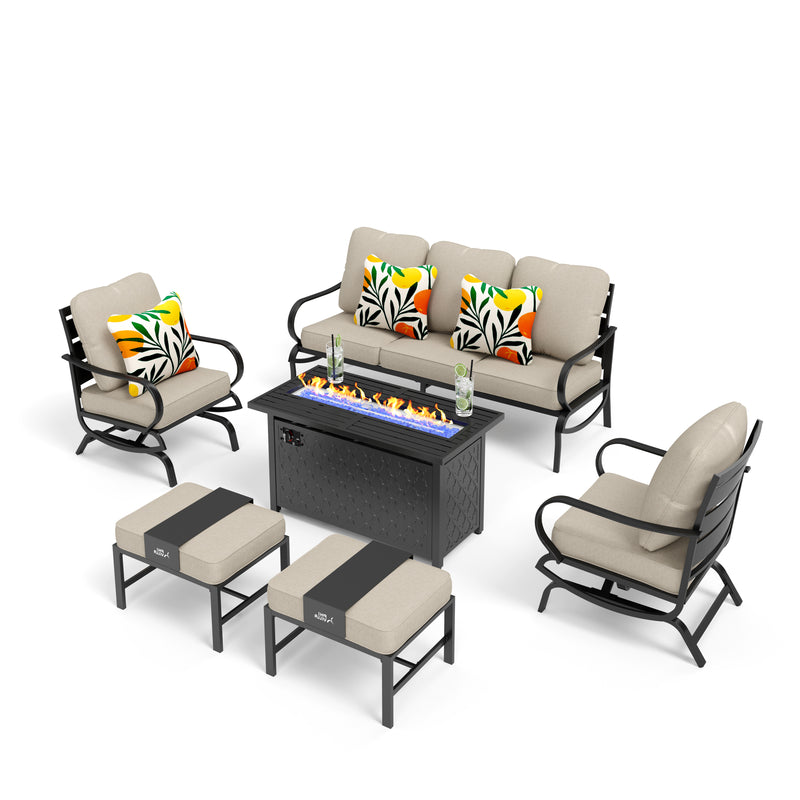 PHI VILLA 7-Seat Patio Steel Conversation Sofa Sets With Leather Grain Fire Pit Table