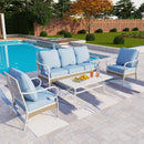 5-Seater Patio Metal All-White Sofa Set with Rattan Edge for Sale