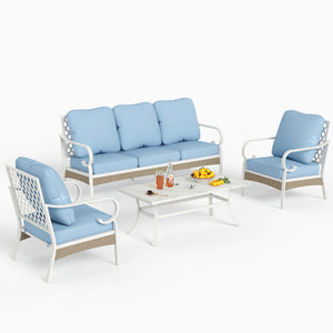 5-Seater Patio Metal All-White Sofa Set with Rattan Edge for Sale