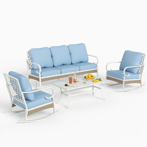 5-Seater Patio Metal All-White Sofa Set with Rattan Edge for Sale