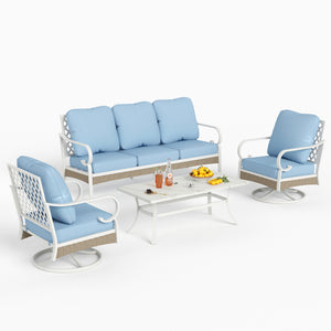 5-Seater Patio Metal All-White Sofa Set with Rattan Edge for Sale