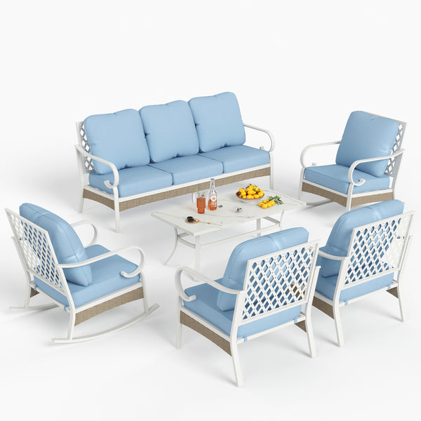 7-Seater Patio Metal All-White Sofa Set with Rattan Edge for Sale