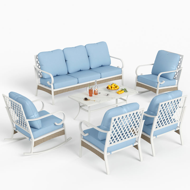 Phi Villa 7-Seater Outdoor Steel & Rattan Fresh Color Sofa Set With Coffee Table