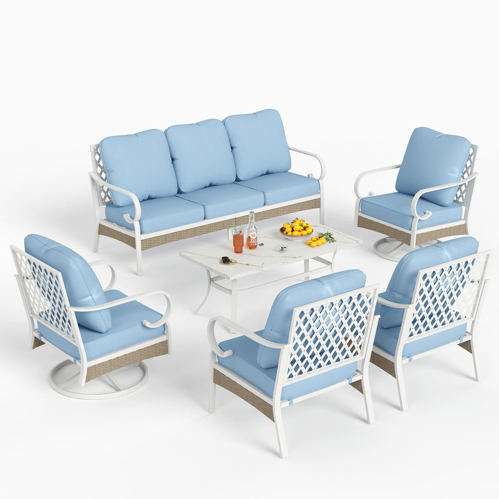 7-Seater Patio Metal All-White Sofa Set with Rattan Edge for Sale