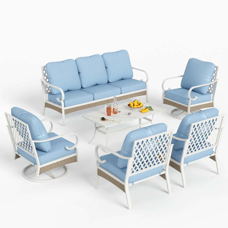 Phi Villa 7-Seater Outdoor Steel & Rattan Fresh Color Sofa Set With Coffee Table