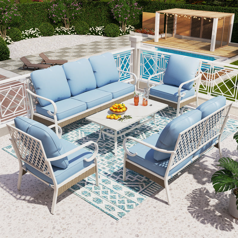 Phi Villa 7-Seater Patio Steel & Rattan Fresh Color Sofa With Coffee Table