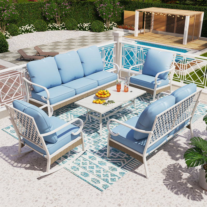 Phi Villa 7-Seater Patio Steel & Rattan Fresh Color Sofa With Coffee Table