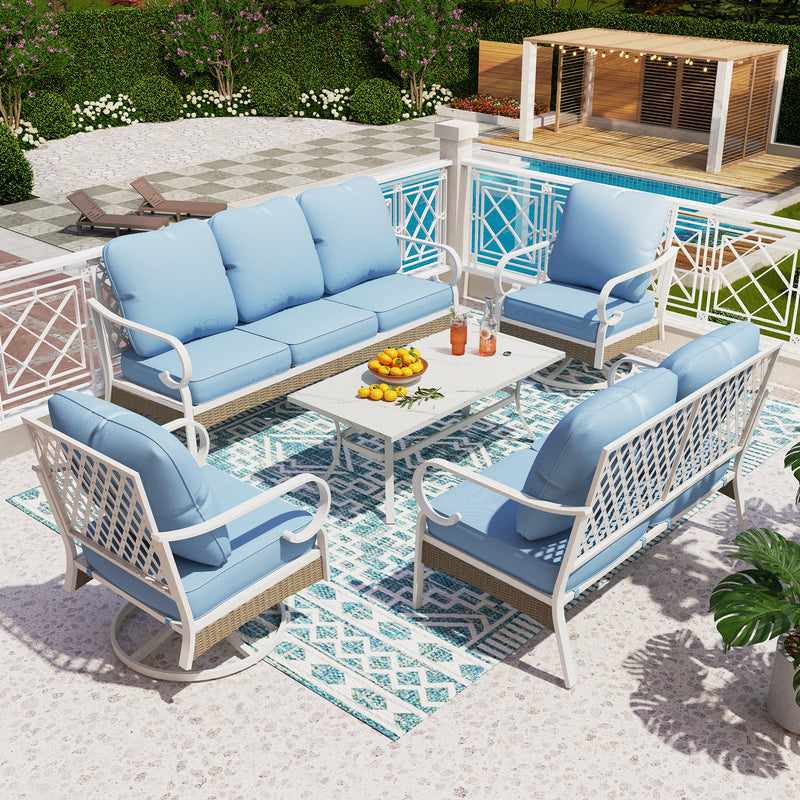 Phi Villa 7-Seater Patio Steel & Rattan Fresh Color Sofa With Coffee Table