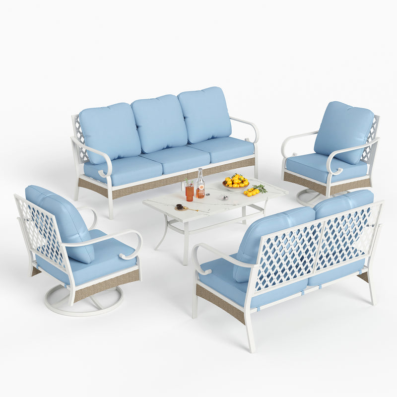 Phi Villa 7-Seater Patio Steel & Rattan Fresh Color Sofa With Coffee Table