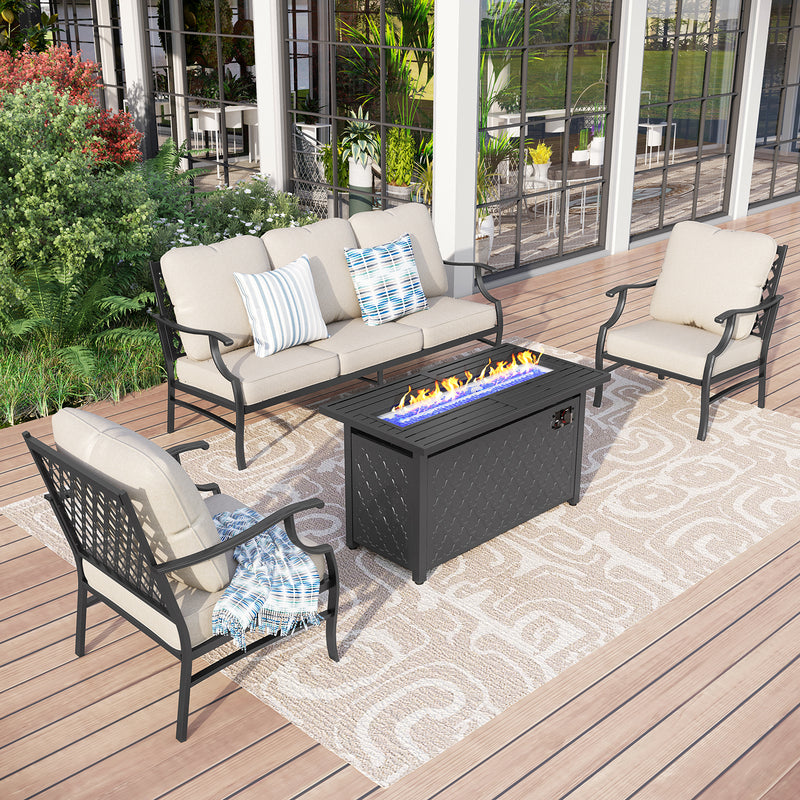 Phi Villa 5-Seater Outdoor Steel Conversation Sofa Set With Leather Grain Fire Pit Table