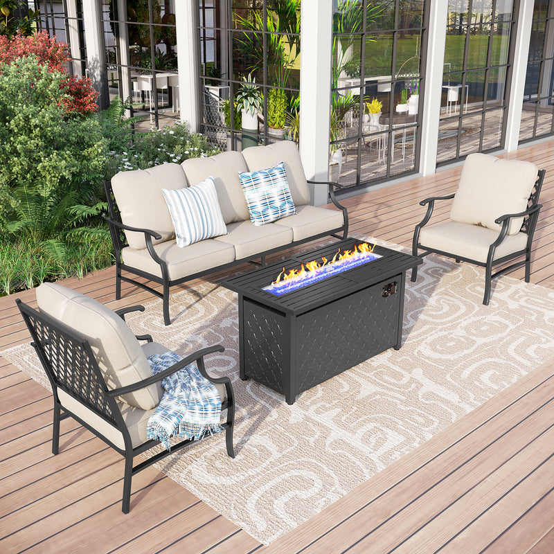 Phi Villa 5-Seat Outdoor Steel Conversation Sofa Set With Leather Grain Fire Pit Table
