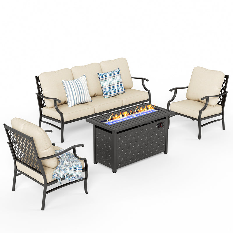 Phi Villa 5-Seat Outdoor Steel Conversation Sofa Set With Leather Grain Fire Pit Table