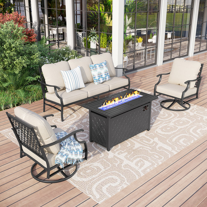 Phi Villa 5-Seat Outdoor Steel Conversation Sofa Set With Leather Grain Fire Pit Table