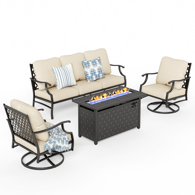 Phi Villa 5-Seat Outdoor Steel Conversation Sofa Set With Leather Grain Fire Pit Table