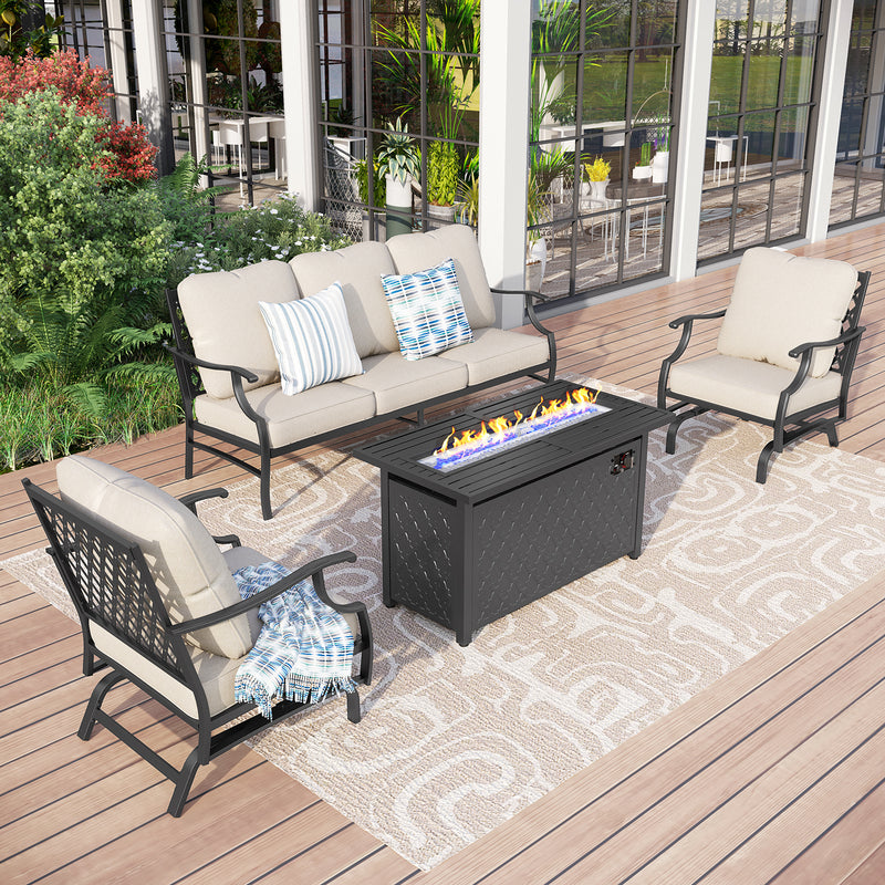 Phi Villa 5-Seat Outdoor Steel Conversation Sofa Set With Leather Grain Fire Pit Table
