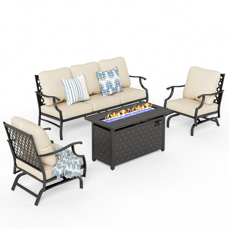 Phi Villa 5-Seat Outdoor Steel Conversation Sofa Set With Leather Grain Fire Pit Table