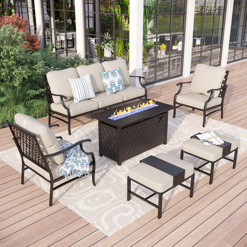 Phi Villa 7-Seat Outdoor Steel Conversation Sofa Set With Leather Grain Fire Pit Table