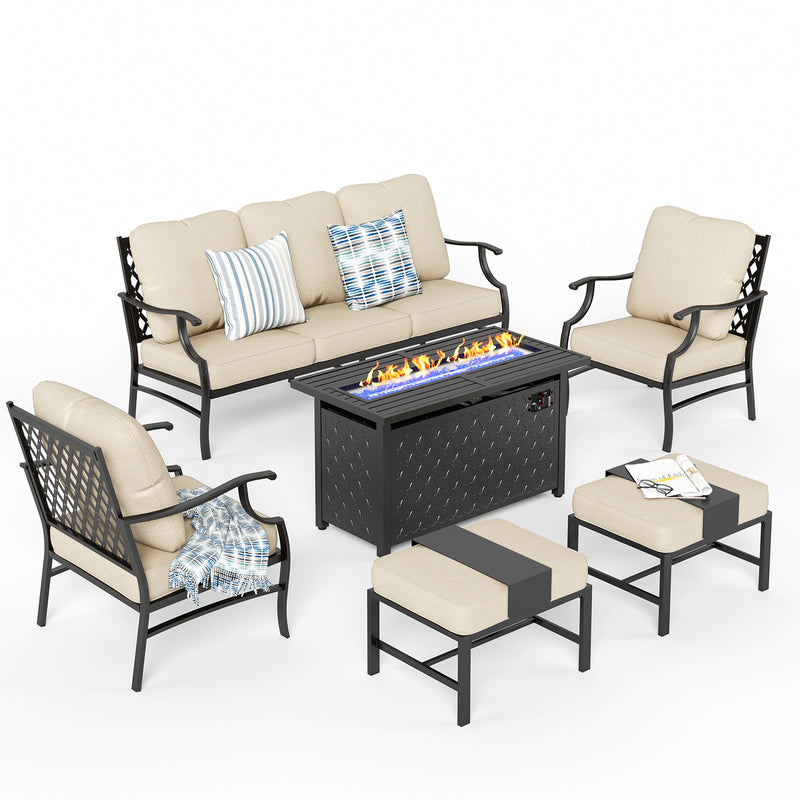 Phi Villa 7-Seater Patio Steel Conversation Sofa Set With Rectangle Fire Pit Table