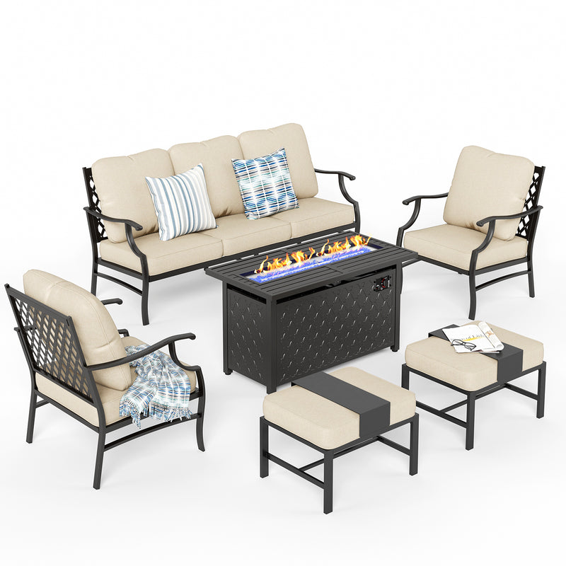 Phi Villa 7-Seat Outdoor Steel Conversation Sofa Set With Leather Grain Fire Pit Table